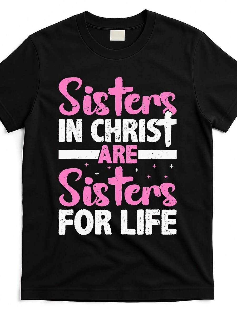 Sisters In Christ Are Sisters In Lifelong Holiness Christian Faith T-Shirt, 2026 Summer Short Sleeve Printed T-Shirt-Unisex, Suitable For Casual Daily Outings, Short-Sleeve Summer Top, Retro Y2K Patterned T-Shirt - 黑色 - 查看 1
