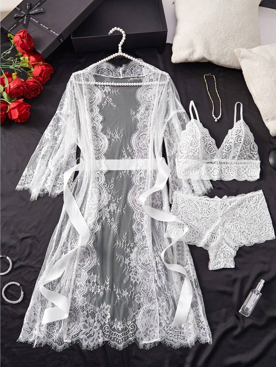 Lace Wavy Mesh See-Through Pajamas Women's Thin Long Lace Lace-Up Nightgown Underwear Set, Sexy Summer New Models, Perfectly Matched Two-Piece Tank Top Shorts And Carefully Designed Japanese Bathrobes - 白色 - 查看 1