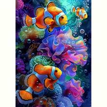 1件 DIY 5D 鑽石畫套裝 水下珊瑚與魚類圖案 - 圓形全鑽鑲嵌藝術手工，居家牆面裝飾，無框 - 無框 - 查看 8