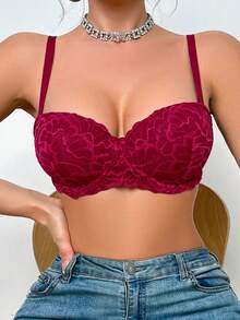 Women's Red Sexy Lace Lingerie, Comfortable French Lace Patchwork Bra, Lift And Gather Underwire Bra - Red - View 6