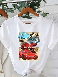 Disney Loose Edition "Carros Na Estrada" Character Collection Printed T-Shirt From "Cars", Suitable For Summer And Spring, Short Sleeved Tops, Women's Clothing, Holiday Gift Party Clothing. - 白色 - 查看 1