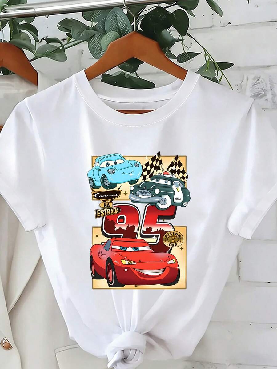 Disney Loose Edition "Carros Na Estrada" Character Collection Printed T-Shirt From "Cars", Suitable For Summer And Spring, Short Sleeved Tops, Women's Clothing, Holiday Gift Party Clothing. - 白色 - 查看 1