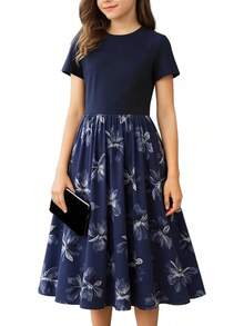New 8-14Years Girls Elegant Dress Short Sleeve A-Line Floral Midi Party Special Occasion - Dark Blue - 查看 1