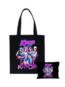 K-POP帆布手提袋，印有“K-POP”字样和酷炫女偶像图案，大容量单肩手提包，手绘插画单肩包，粉丝周边礼品，通勤购物袋，可折叠大容量休闲杂货袋，时尚场合包，赛博朋克风格单肩包，适合旅行、演唱会、粉丝活动、派对、日常使用，是生日礼物、偶像周边、节日礼物、演唱会礼物的理想之选。 - 彩色 - 查看 12