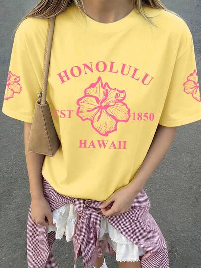 女童简约檀香花朵标语印花圆领短袖T恤，春夏新款青少年时尚单品