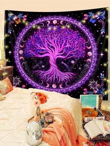 1pc Bohemian Style Tree Of Life Printed Tapestry, Modern Polyester Square Decorative Wall Hanging Suitable For Living Room And Bedroom - Multicolor - View 2