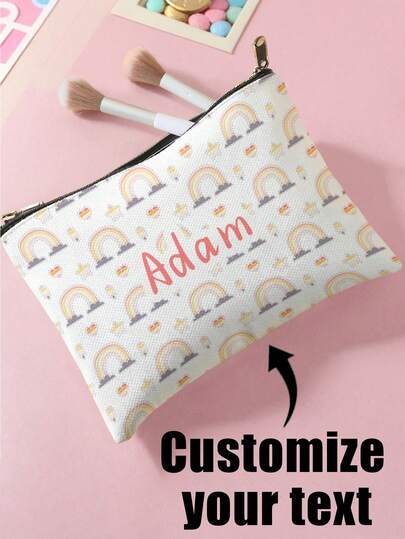 1pc Customizable Name/Text Printed Cartoon Rainbow, Bow Tie Pattern Double-Sided Printing Travel Portable Cosmetic Storage Bag, Multi-Functional Zipper Makeup Pouch Wallet, Suitable For Teenagers' Skincare Products Storage, Customizable According To Your Name