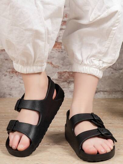 儿童纯色EVA厚底柔软舒适可调节魔术贴室内外沙滩凉鞋，春夏款