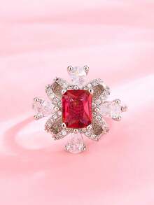 时尚雏菊四爪镶嵌长方形红色合成立方氧化锆戒指，日常佩戴及女士礼品首饰 - 白色 - 查看 4