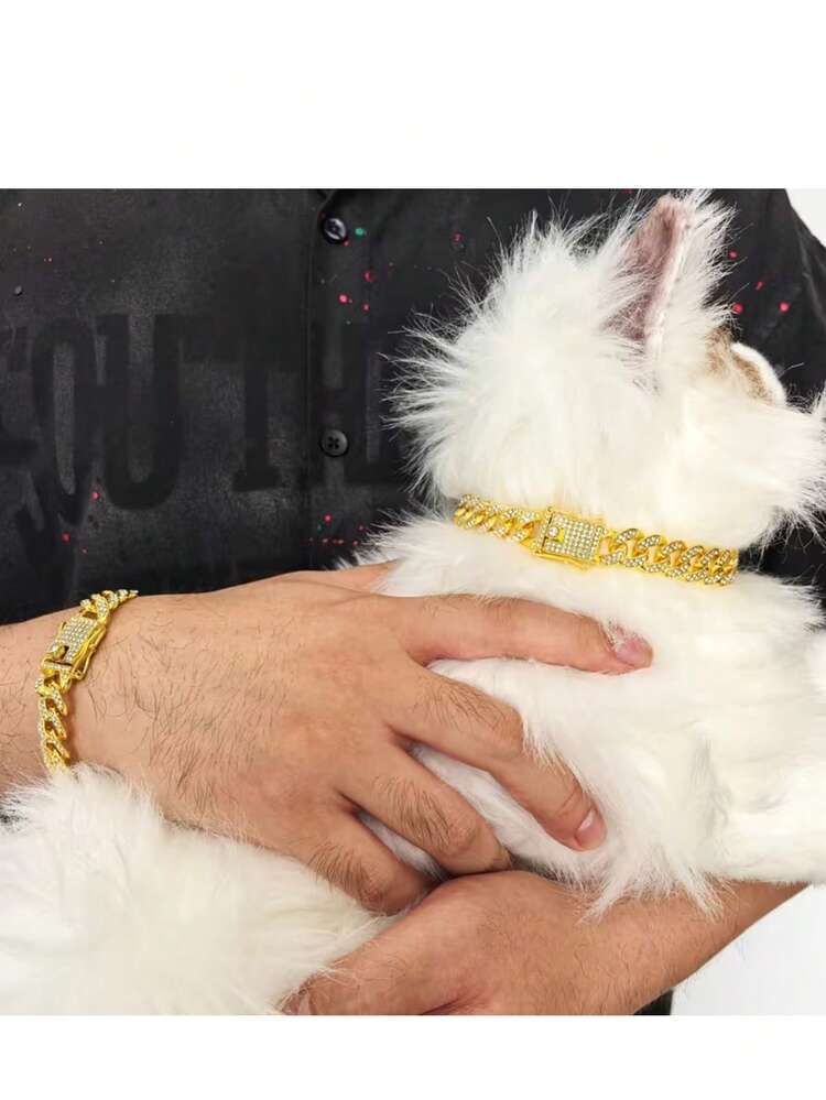 1 pieza Cadena cubana con brillo para mascotas - Collar elegante de declaración para perros, accesorio de moda metálico para mascotas - Multicolor - Añade 9