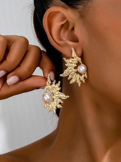 女士不对称几何珍珠耳环一对