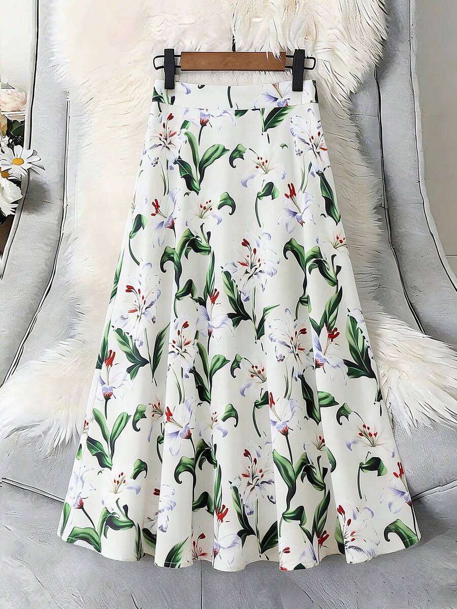 Chân váy chữ A in họa tiết thời trang dành cho nữ, chất liệu polyester, phong cách bohemian, thanh lịch, không co giãn, thích hợp cho mùa hè. - màu xanh lá - Xem 1