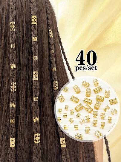 40个可调节合金发圈和发夹，波西米亚风格发饰，适合女孩编发和梦幻发型，适用于派对和节日场合
