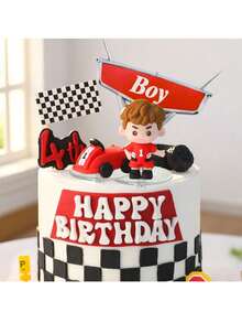 20件套赛车蛋糕装饰套装，包括汽车蛋糕插牌、赛道装饰、红色赛车、可爱赛车手、赛车标志和黄色路障，适用于汽车主题生日派对、洗礼派对、性别揭晓派对等。（请搭配托盘使用，切勿直接接触蛋糕） - 彩色 - 查看 3