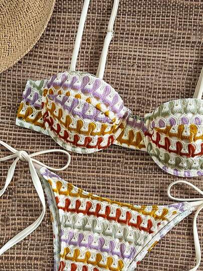 女士彩色纹理面料比基尼套装，带图案衬里文胸上衣和系带泳裤，适合夏季海滩度假