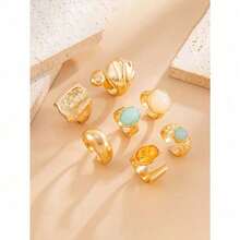 Set de 7 anillos de acrílico con incrustaciones, set de anillos abiertos con textura martillada asimétrica, adecuado para fiesta, regalo, uso diario - Oro-1 - Ver 3