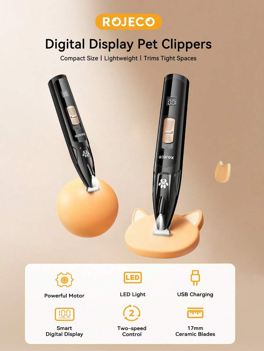 Rojeco Type-C宠物电动理发器，USB充电，LED照明，智能数字显示屏，温和呵护宠物皮肤 - 查看 1
