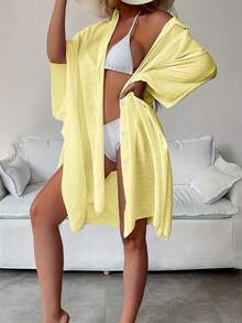 女士夏季黄色蝙蝠袖七分袖上衣、绿色上衣、单排扣衬衫、纯色外套，舒适轻便，黄色派对上衣、黄色连衣裙、黄色衬衫、女士复活节上衣、女士度假海滩装扮 - 黃色 - 查看 4