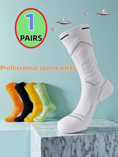 1 Pair Basketball Socks, Men's Long Tube Anti-Odor Professional Running Socks, Thick Cushion Mid-Calf High-Top Sports Socks, Breathable, Non-Slip, Suitable For Various Sports For Men And Women