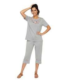 Women Short Sleeves Embroidered Cotton Blend Lounge Wear  Sets - L.Grey - View 2