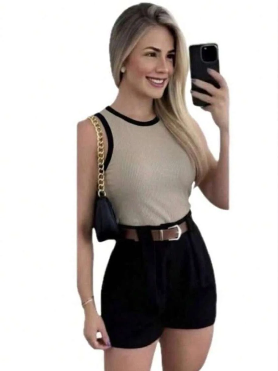 Shorts Set, With Side Pockets, With Zipper, Comes With Adjustable Belt + Cropped Top - 米色 - 查看 1