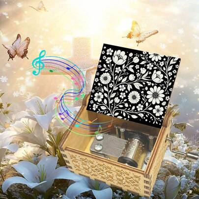 Vintage Hand Crank Wooden Music Box – Black Floral Engraved, No Battery, Perfect For Desk Decor, Bedroom, Birthday Gifts & Wedding Favors
