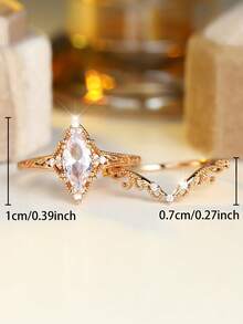 2件套优雅镀金白色合成立方氧化锆马眼形切割戒指，适合情人节、派对、日常佩戴，四季皆宜。 - Golden - 查看 4