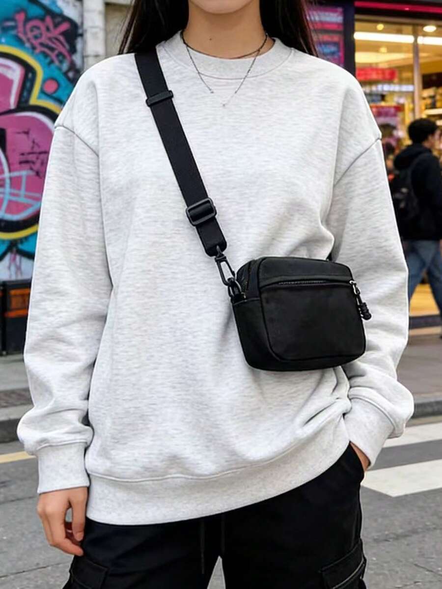 Bolso de cintura de lona de unicolor, estilo minimalista casual, bolso cruzado versátil para correr y deportes, bolso de pecho multifuncional de moda para mujer con bolsillo para teléfono - Negro - Ver 1
