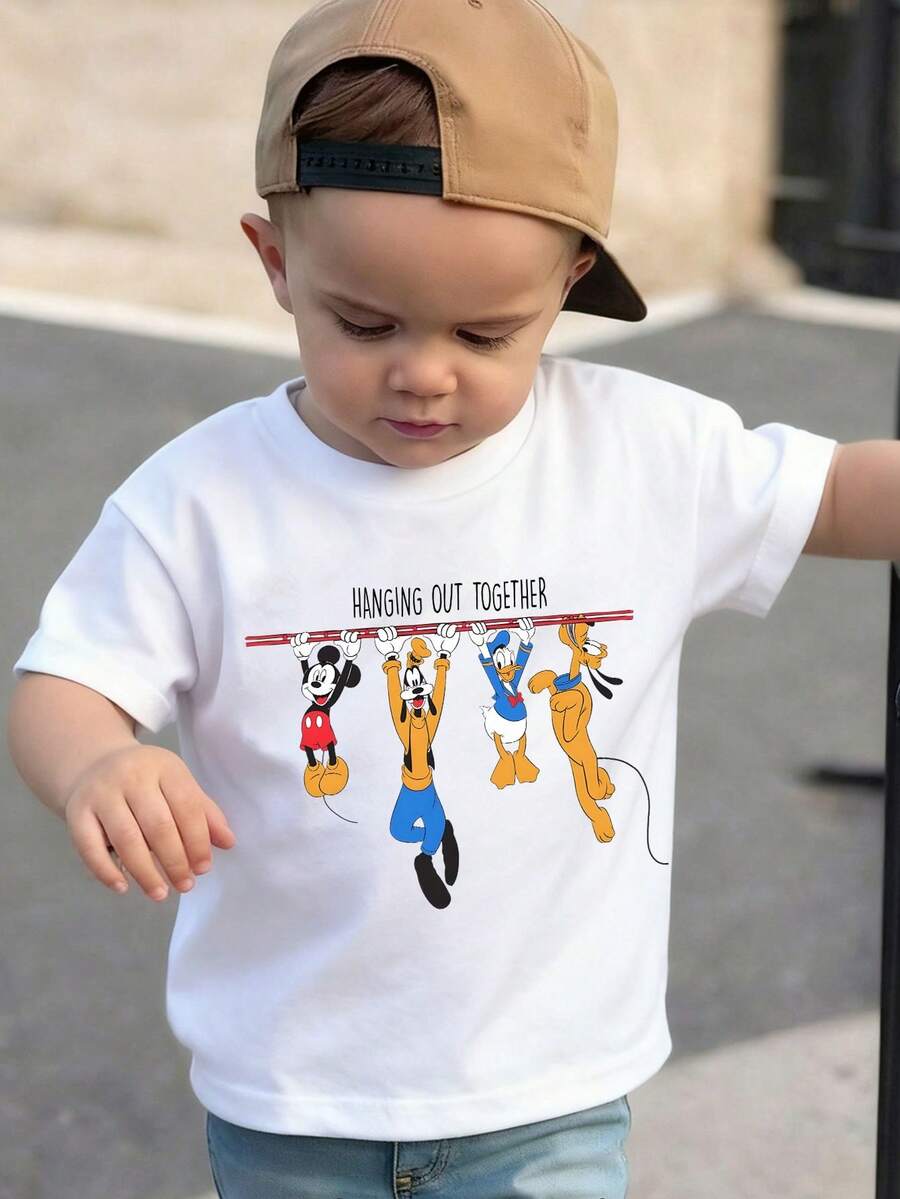 Disney-Disney Mickey Mouse Goofy Donald Duck Children's Short Sleeve T-Shirt With Fun Hanging Bar Print Design For Fun Daily Dressing - trắng - Xem 1