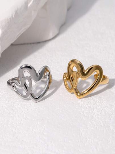 1pc Fashionable, Sweet & Cute Personality Design Minimalist Versatile High-End Plated Stainless Steel Heart-Shaped Open Ring, Suitable For Women's Daily, Party, And Date Wear