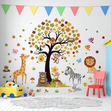 Juego de pegatinas de pared con árboles y animales, jirafas, leones, cebras, monos, osos, conejos, pegatinas impermeables autoadhesivas para decoración de baño, decoración de arte de pared para el hogar, habitación de niños - T3355 - Ver 1