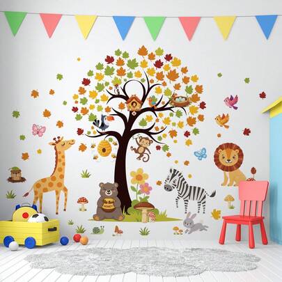 Bộ decal dán tường hình cây và động vật, hươu cao cổ, sư tử, ngựa vằn, khỉ, gấu, thỏ, decal tự dính chống thấm nước dùng trang trí phòng tắm, tranh trang trí tường cho nhà cửa, phòng trẻ em.