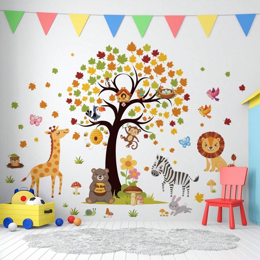 Juego de pegatinas de pared con árboles y animales, jirafas, leones, cebras, monos, osos, conejos, pegatinas impermeables autoadhesivas para decoración de baño, decoración de arte de pared para el hogar, habitación de niños - T3355 - Ver 1
