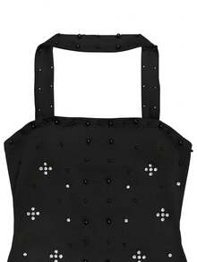 无袖闪亮水钻开衩露背性感优雅连衣裙，适合生日派对、毕业典礼、婚礼等场合。 - 黑色 - 查看 5