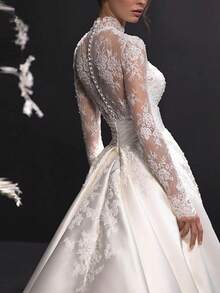 Elegant Sexy Lace Long Sleeves A Line Satin Formal Wedding Dress,Registry Office Dresses Bridal Gown,Evening Party Dress Birthday Party Dress Country Wedding,Romantic Church Ceremony Wedding Dress,Suitable For Wedding,Dating,Party,Singles' Party,Vacation,Formal Occasions,Dinner Dress,Prom Dress,Homecoming Dess,Cocktail Party,Wedding Guest Dress,Graduation - 白色 - 查看 4