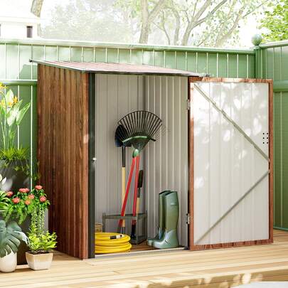 Outsunny 3' X 3' Lean-To Outdoor Storage Shed, Waterproof Garden Shed Galvanized Steel With Lockable Door For Patio, Backyard, Lawn, Teak