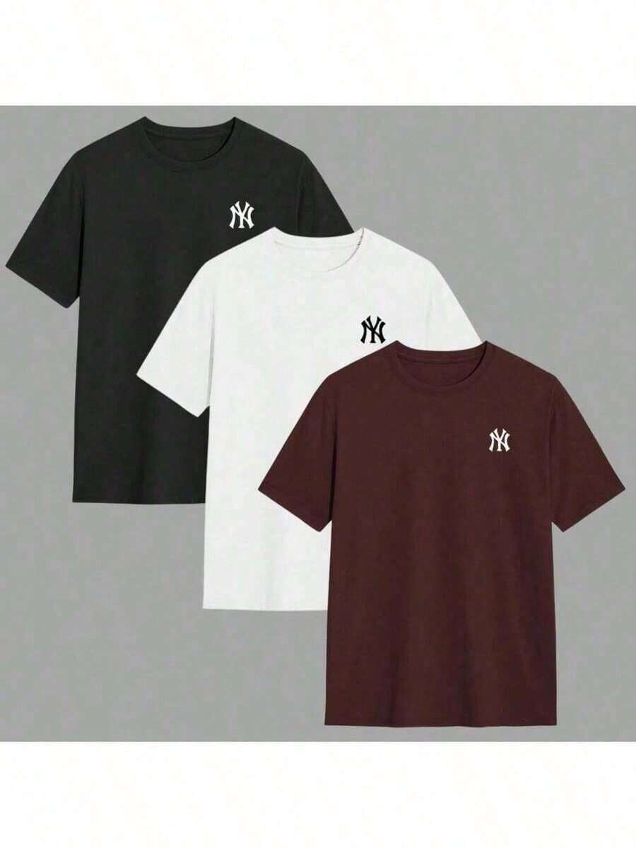 Kit Of 3 Men's Round Neck T-Shirts, 30.1 Yarn Shirt, 100% Cotton Blouse, Comfortable, Immediate Shipping, Father's Day - 黑色 - 查看 1