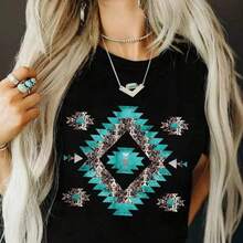 Camiseta Cuello Redondo Manga Corta Estampado Patron Turquesa Mujer - Negro - Ver 8