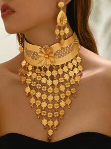 3件套奢华沙特风格复古开斋节礼物长款夸张花朵流苏耳环项链首饰套装，新娘婚礼派对节日配饰，女士 - 金黃色 - 查看 1