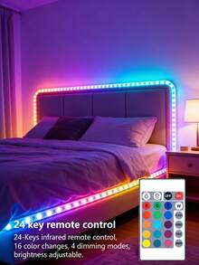 LED燈條附24鍵遙控器－USB供電、變色，適合臥室、客廳與派對裝飾，臥室、節日裝飾、燈飾禮物、居家室內牆面裝飾、萬聖節派對，可裁剪/可彎曲，亮度可調，自黏式 - 白色 - 查看 9