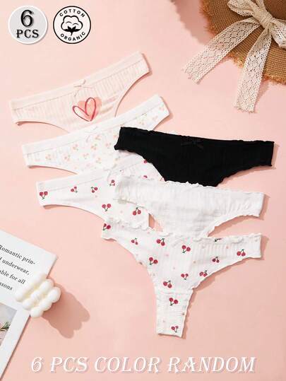 6pcs Women's Cotton Sexy Printed Cute Bow Tie Panties, Strawberry Thong, Striped T-Back, Elastic Breathable Comfortable Ladies Underwear, Suitable For Yoga, Shopping, Dating, Workout, All Season, Random Color