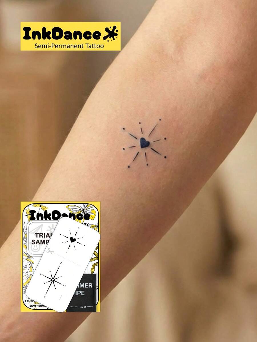 1套“心形星爆”科技纹身贴纸，半永久纹身，临时纹身，持久耐用，仿真纹身，闪耀之爱与指路星系列，防水，逼真纹身效果，植物基 X253 - 黑色 - 查看 1