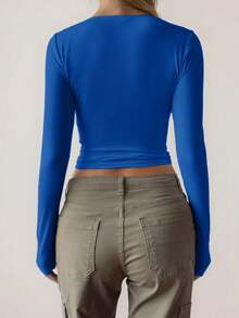 Vaiaye 女士性感修身深V领长袖上衣，纯色针织T恤，适合情人节及春季休闲穿着 - 寶藍色 - 查看 2