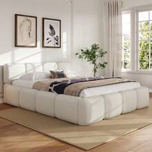 Queen Size(60''*80'') Platform Bed, Luxurious Boucle Fabric Upholstered Bed, Boucle Thickened Headboard And Footboard, Upholstery Grounded Bed, Block Style, White - 白色 + 圈絨 + 皇后 - 查看 3