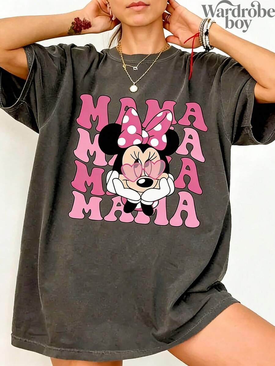 Disney Printed Wash Water T-Shirt,Disney Minnie Printed T-Shirt, Mother's Day Printed T-Shirt, Mother's Day Gift,High-Quality Pure Cotton T-Shirt,Suitable For All Seasons, Comfortable And Breathable| Exquisite Design | The Best Choice For Giving Gifts - 黑色 - 查看 1