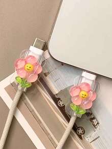 2pcs Cute Transparent Sunflower Design Data Cable Protector, 20W Universal Type-C Android Gift - Multicolor - View 5
