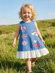 [Non-Denim] Young Girls' Summer Sleeveless Denim-Like Dress, Loose Fit With Cute Printed Pattern, Fashionable, Sweet And Lovely, Suitable For Outings, Birthday Parties, And Gatherings - Blue and White - View 2