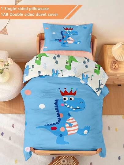 2PCS Toddler Bedding Set King Dinosaur Duvet Set(Four Season Collection) Double-Faced Duvet Cover Set For Baby Children'S Machine Washable Suitable For Newborn Beds Crib Giving Gifts During Holidays (1 Single-Sided Printed Pillowcase+1 Double-Sided Printed Duvet Cover,No Filling Material) The Pillowcase Is Single-Sided Printed And Measures 40x60cm 100% Polyester