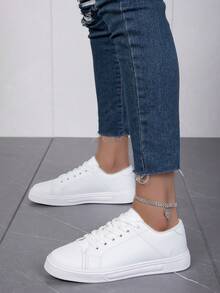 Women's White Lace-Up Skate Shoes, Casual Style Sports Sneakers - White - View 5