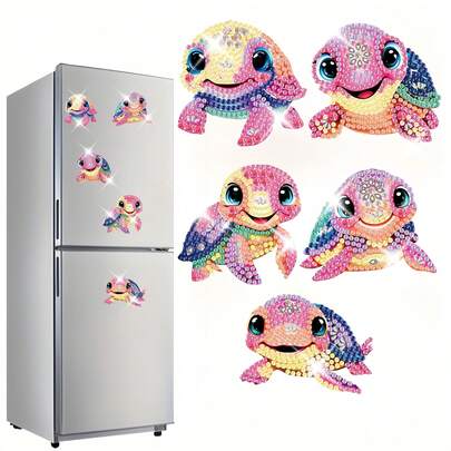 5件套钻石画艺术套装 - DIY海龟主题圆形钻石贴纸工艺套装，亚克力（PMMA）冰箱和储物柜磁性装饰套装